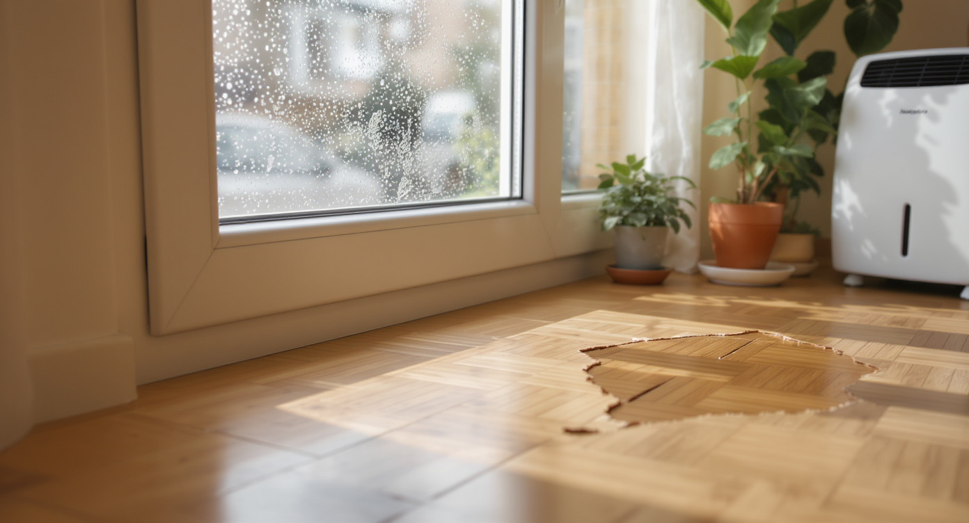 Close-up of slightly warped wood floor near condensation-covered window with nearby indoor plants and a dehumidifier