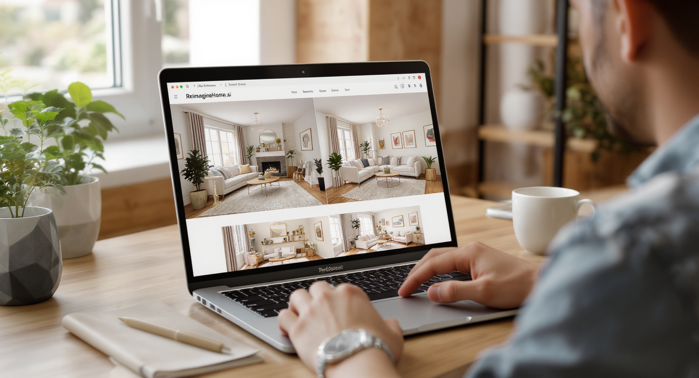 Designer reviewing Mid-Century Boho virtual room designs side-by-side on laptop using AI tool in softly lit warm wood workspace.