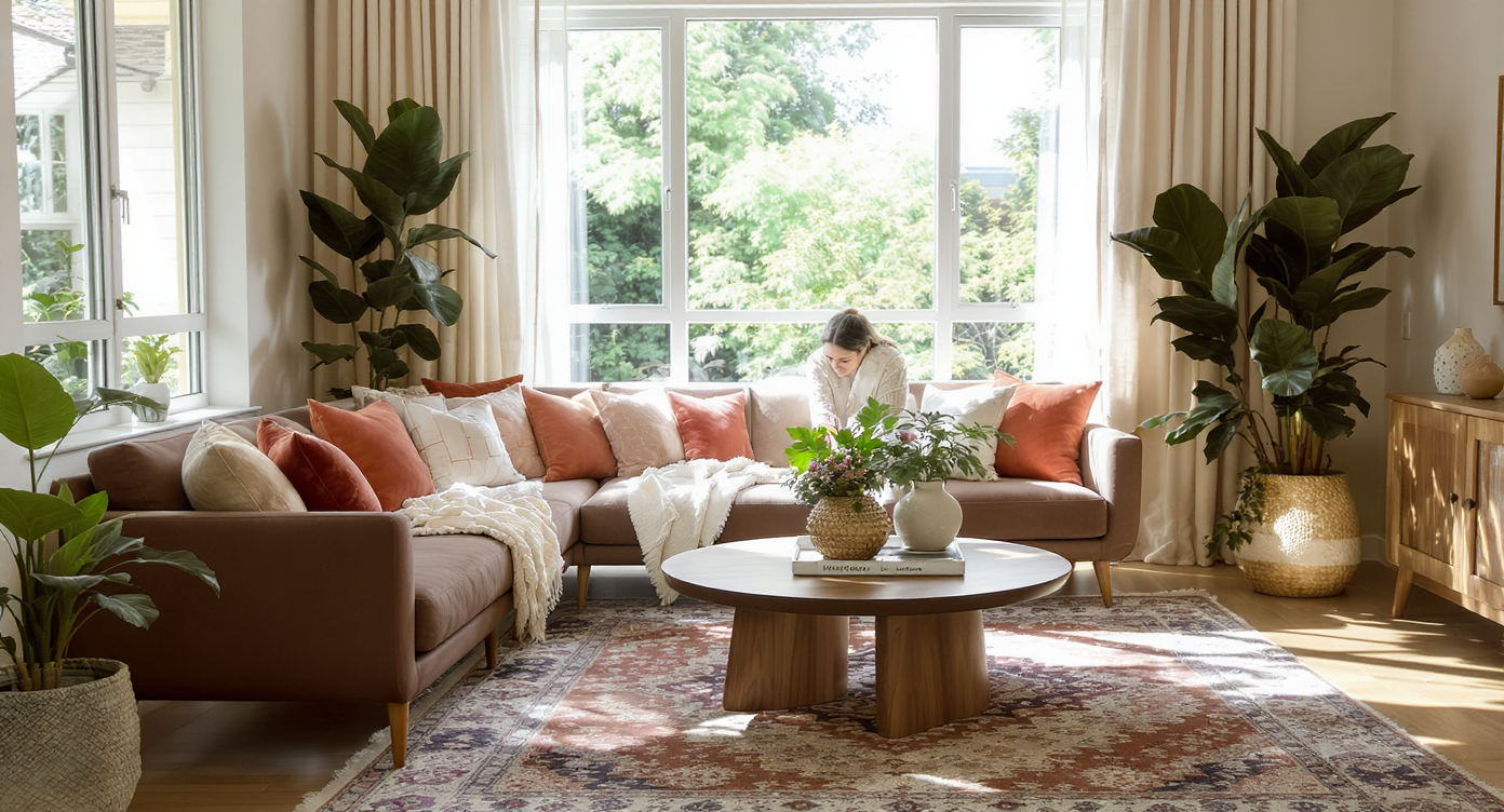Sunlit living room with well-spaced walnut sofa, blush textiles, teak table, and plants, showcasing comfortable furniture circulation.