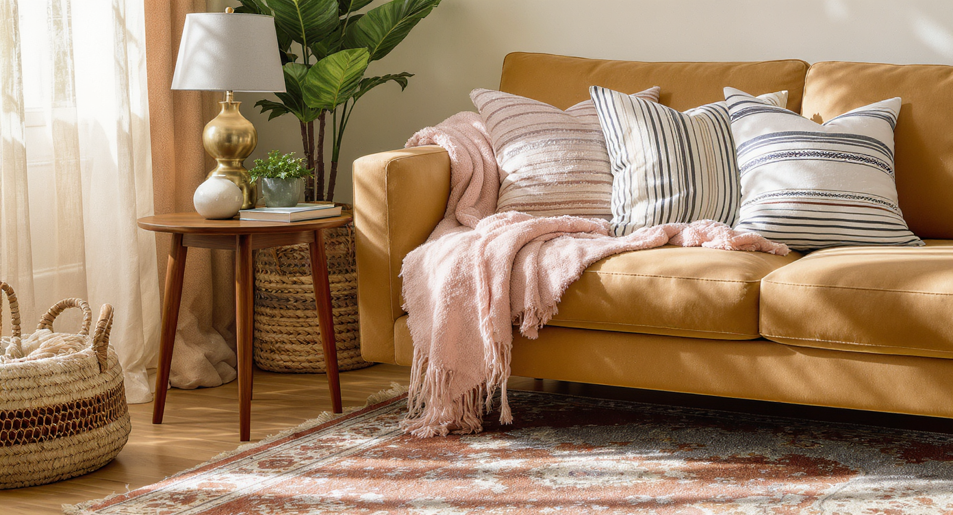 Cozy reading nook with camel sofa, blush throw, teak table with ceramics and brass lamp, surrounded by warm neutral rugs and rattan baskets.