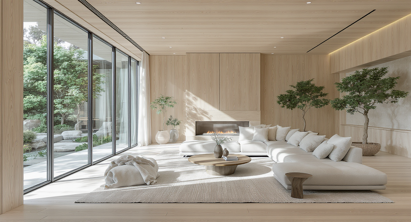 Symmetrical white-oak living room with floor-to-ceiling glass and indoor greenery inspired by Zedd’s Encino mansion.