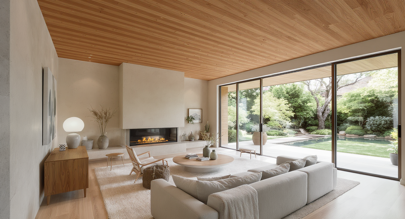 Minimalist open living space with white oak flooring, cedar ceiling, floor-to-ceiling glass, and tranquil garden views.