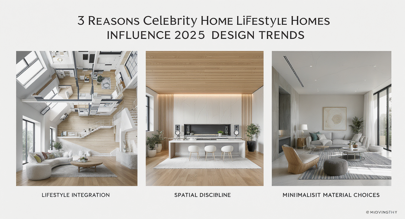 Collage showing minimalist wood and stone designs with linear floorplans representing celebrity home trends for 2025.