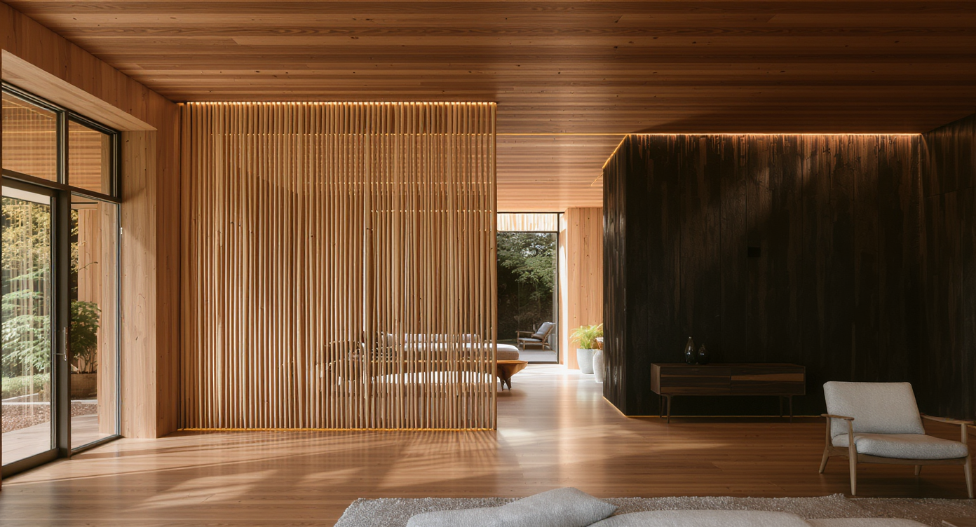 Interior with angled white oak screen, shou sugi ban theater walls, and cedar ceilings showing Japandi themes.
