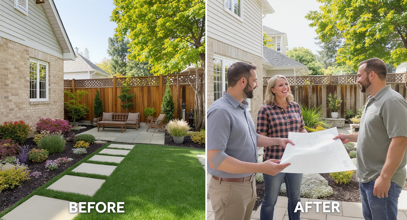 Before and after yard plans with homeowners and designer celebrating improved, visualized landscaping.
