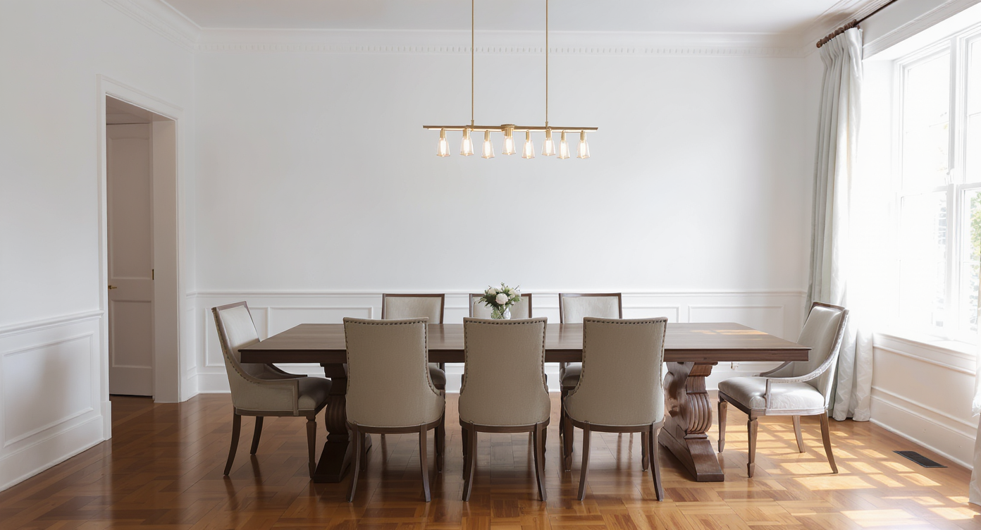 Dining room with an off-center, small chandelier hanging too high over a large table, showing poor scale and layout