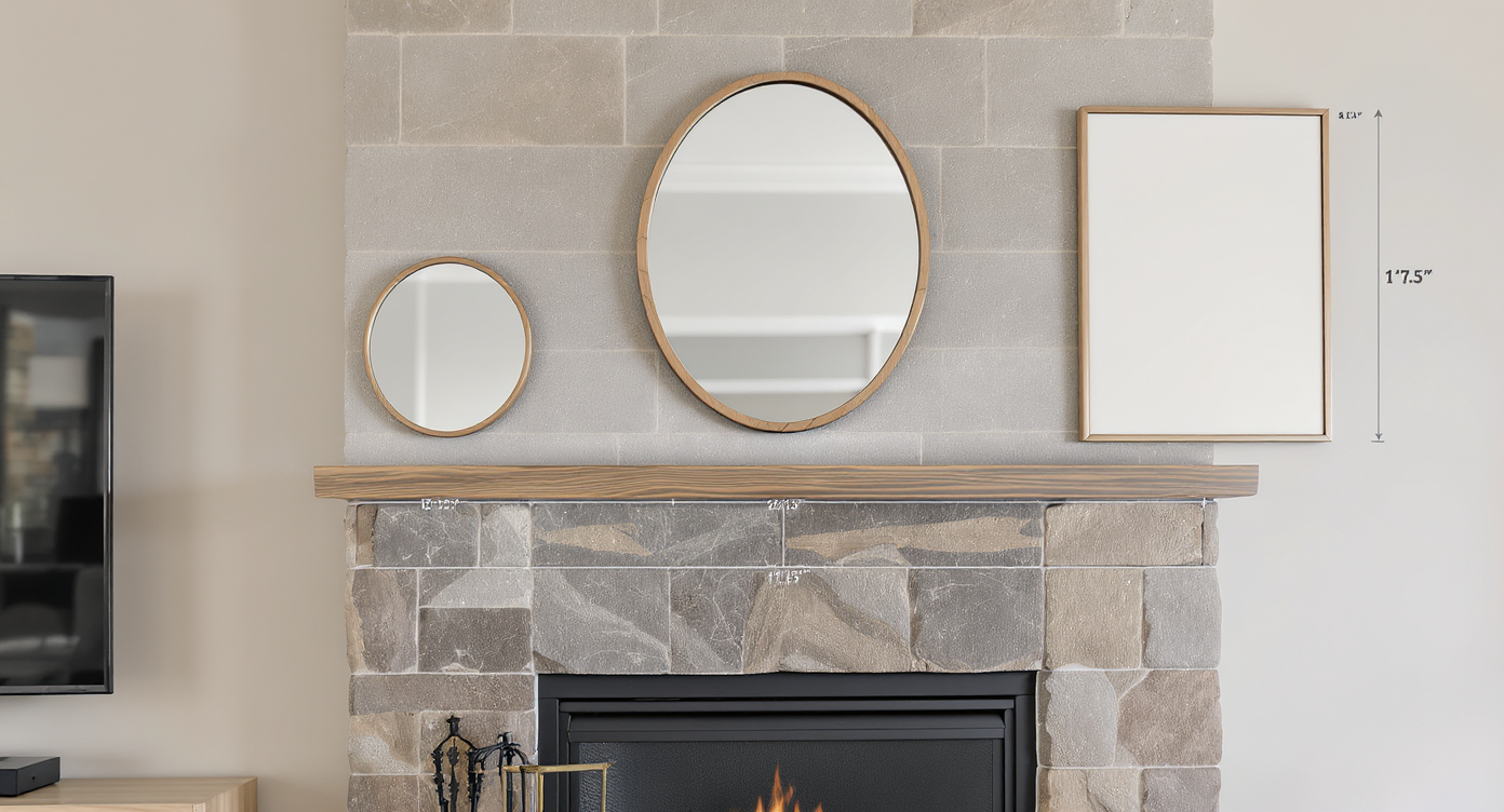 Side-by-side visuals of empty mantel, oval mirror, and vertical matte art over stone fireplace beside rectangular TV, with layout measurements.