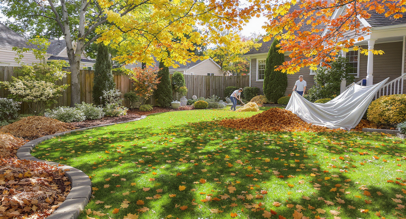 Neatly mulched lawn with visible grass, pine straw beds, homeowners raking and tarp-dragging leaves on sunny autumn day.
