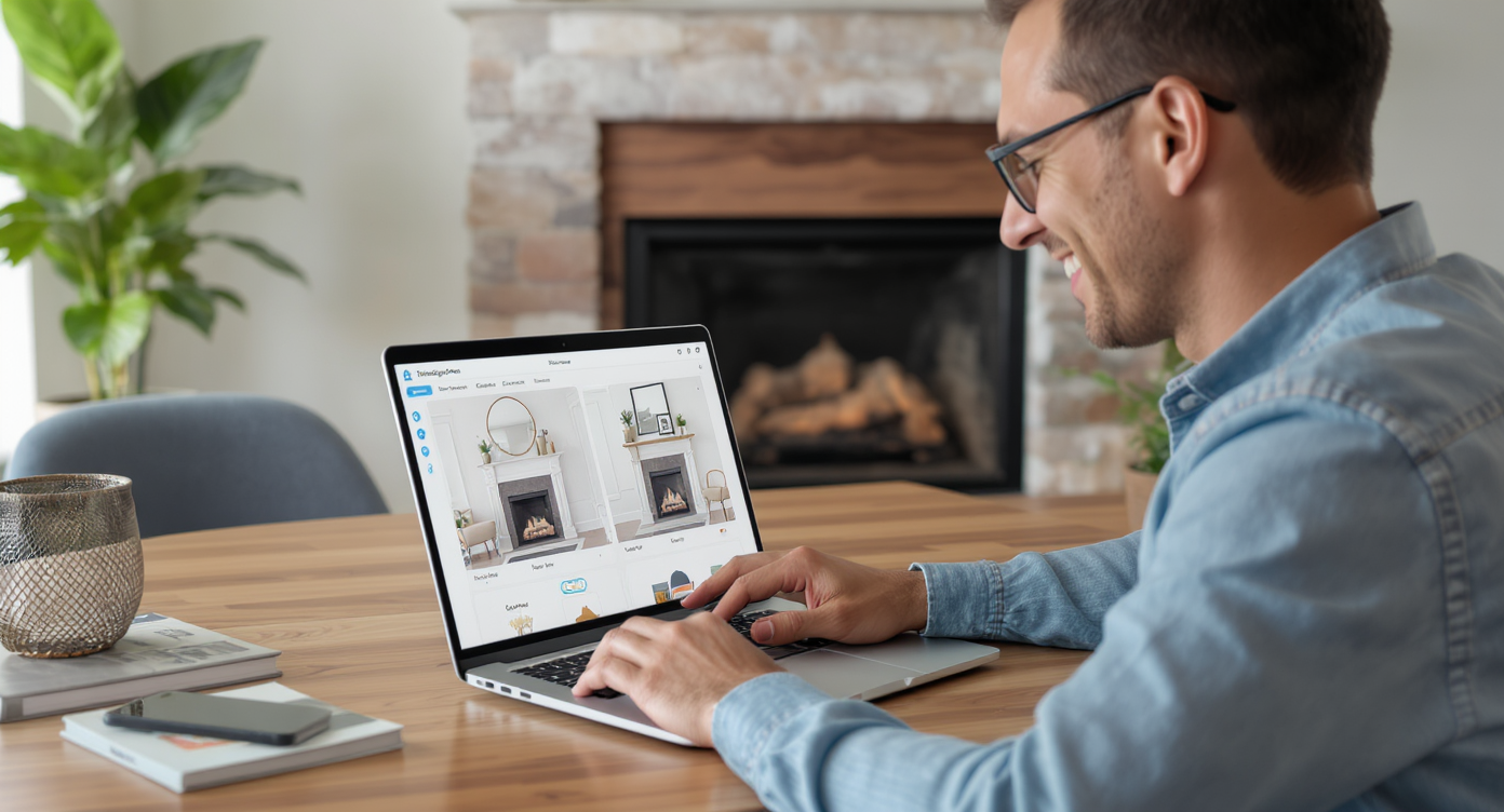 Person using ReimagineHome.ai on laptop displaying varied fireplace mantel styles, set within a sunny, modern living space.