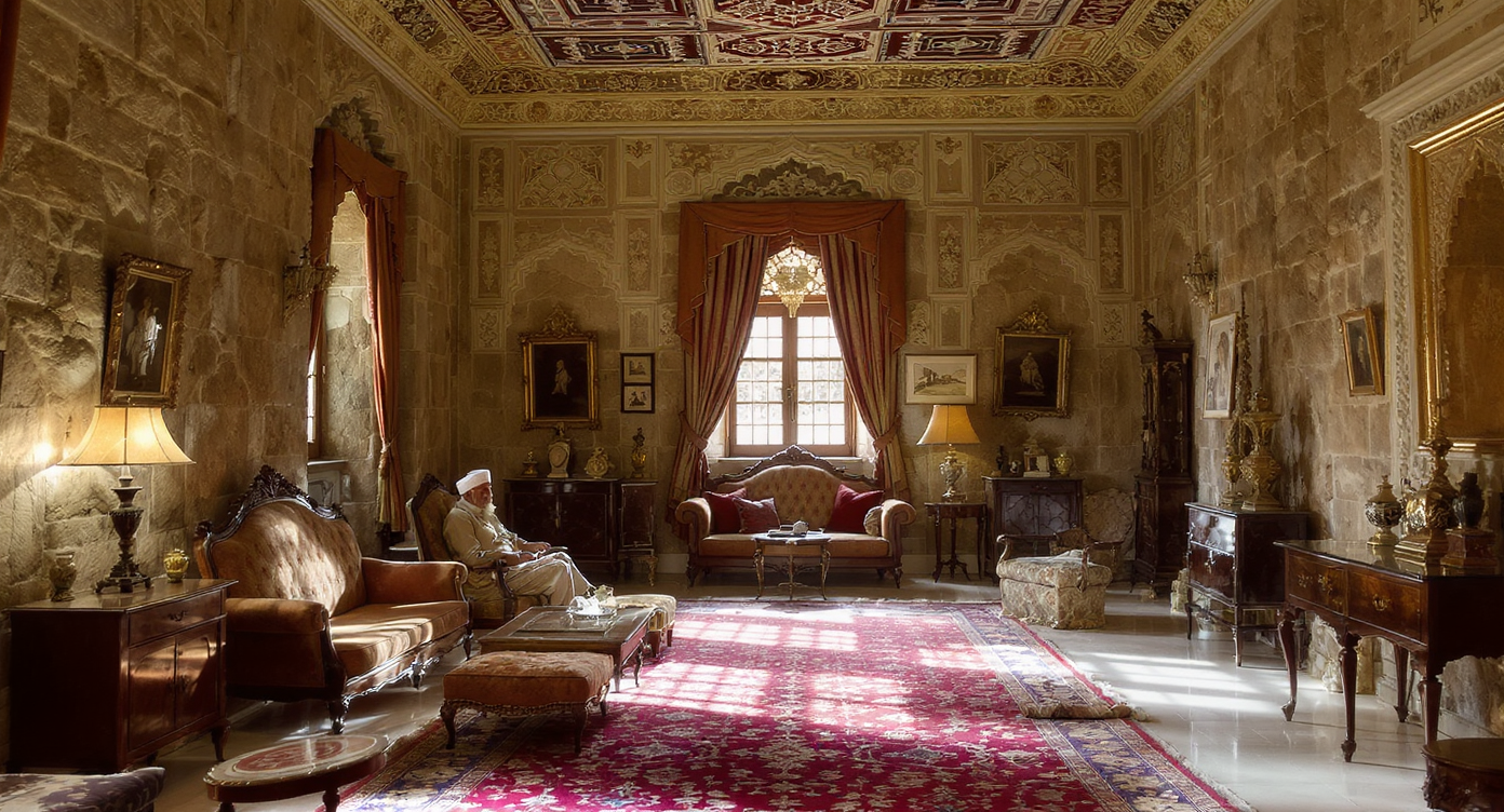 Intimate Stok Palace suite interior with thick stone walls, khatamband ceilings, antique furnishings, and elderly man seated.