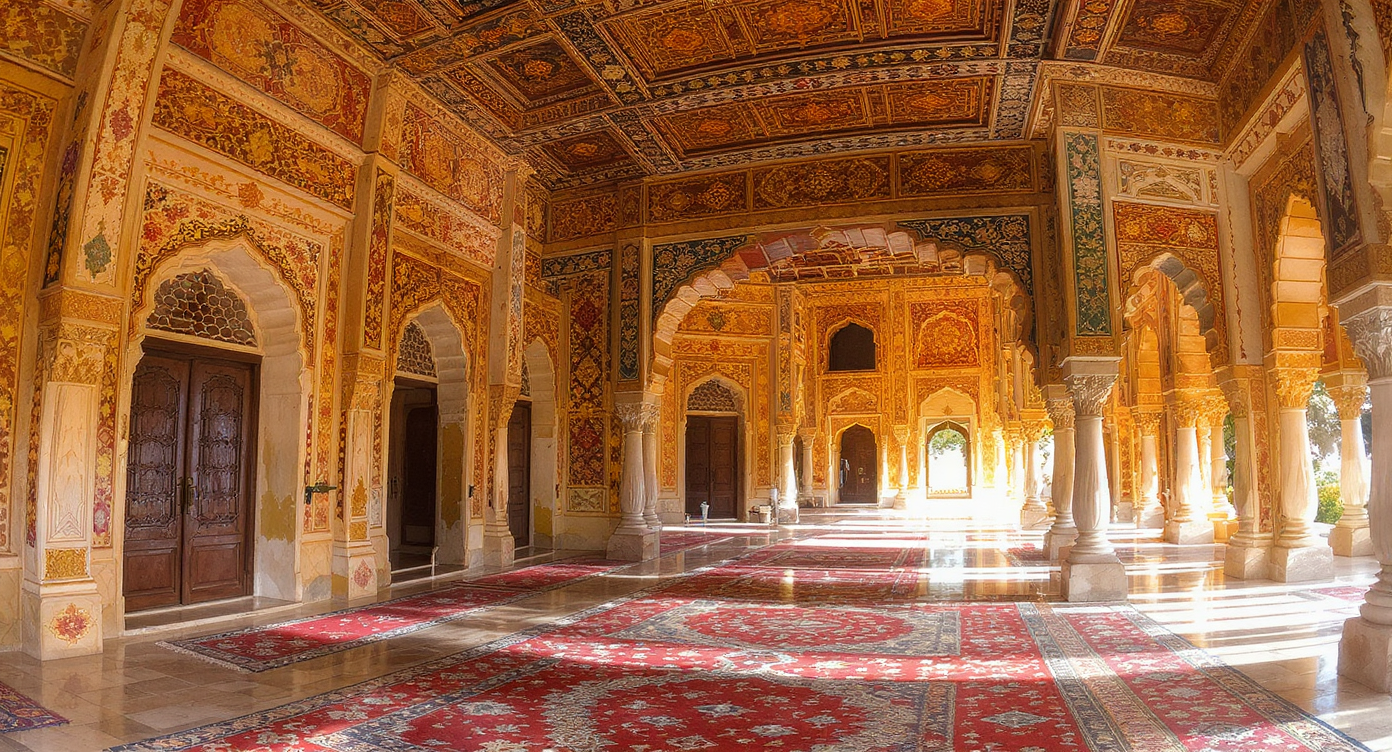 Sprawling royal hall with 12-ft fresco walls, Rajasthani khatamband ceiling, sandstone floors, and intricate arches under natural light.