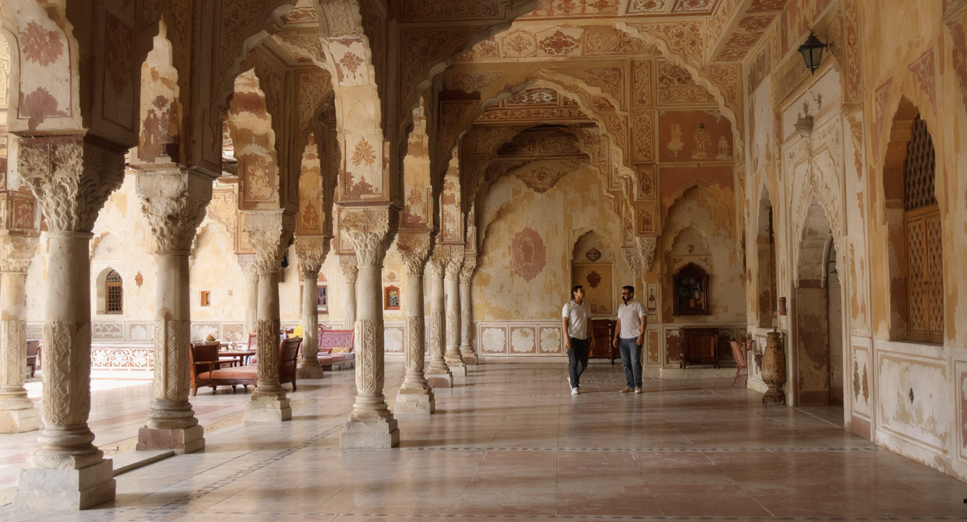 Historic Indian royal palace courtyard with Rajputana colonnades, frescoes, carved pillars and Victorian interiors viewed with couple present.
