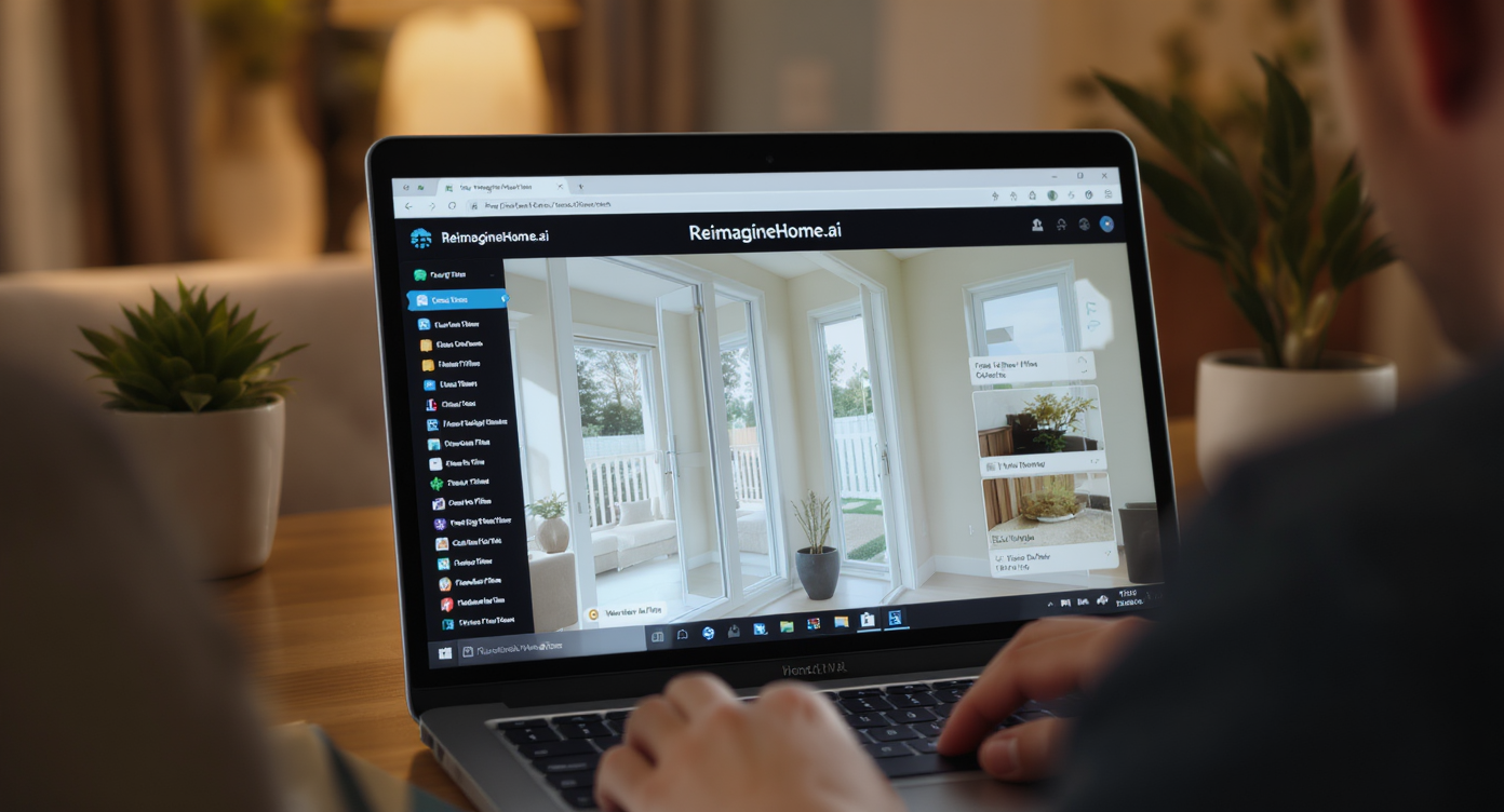 Homeowner using AI design tool on laptop to preview different window film styles on door and sidelights, illustrating technology's role in privacy planning.