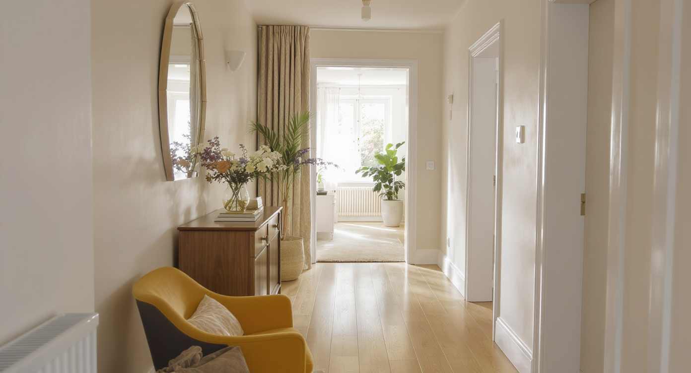 Warm entrance hallway with wooden floors, neutral walls, mirror reflecting daylight, and a yellow-orange accent chair.