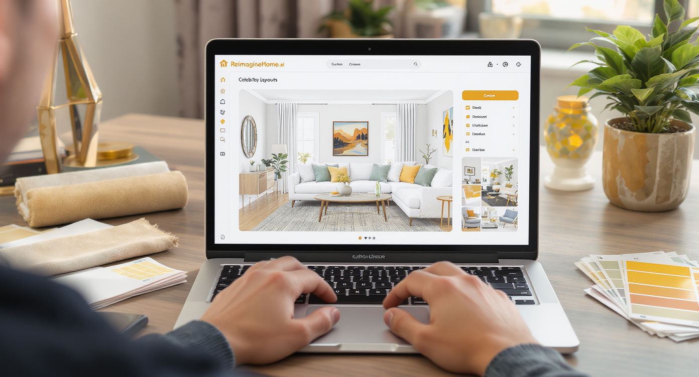 Person using ReimagineHome.ai on laptop in a bright home office with fabric swatches and a potted money plant nearby.