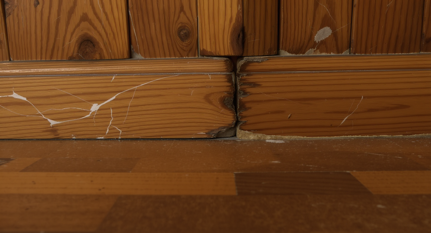 Close-up interior showing textured pine walls, polished wood floors, and worn linoleum remnants in warm natural light.