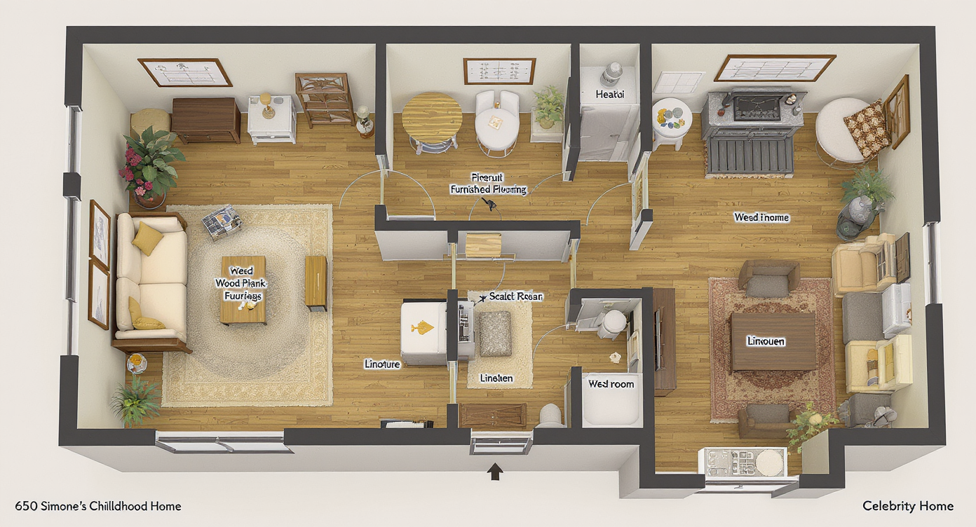 Top-down floor plan of Nina Simone's small three-room childhood home showing pine walls, wood floors, and linoleum patches.