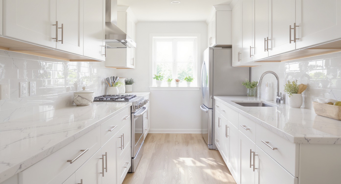 Small galley kitchen with light-colored cabinets and natural light that emphasizes the widened aisle space.