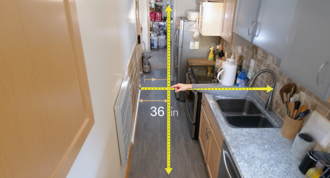 Top view of galley kitchen showing measured aisle clearance with disrupted flow due to a bulky cabinet piece.