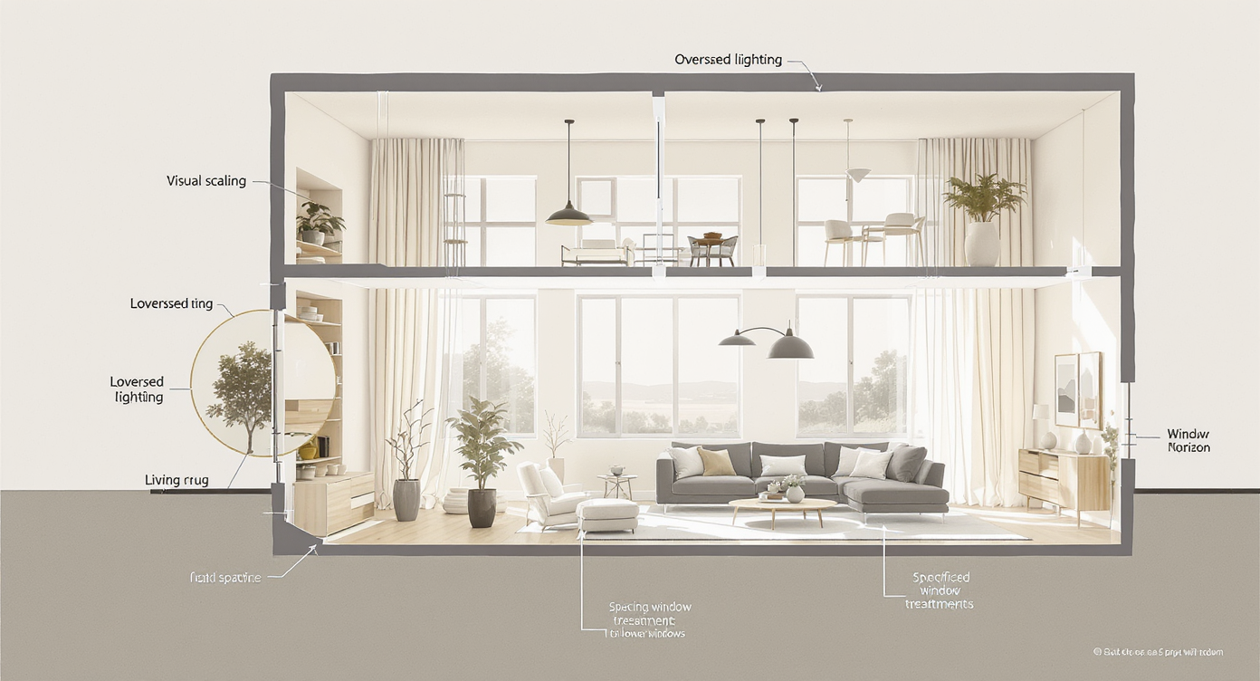 Diagrammatic illustration of a double-height living room with design notes highlighting oversized rug, floating sofa, and window treatment placement.