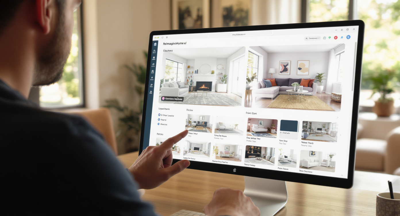 Person using ReimagineHome.ai on a computer to visualize multiple room layouts and styles in a modern living room setting.