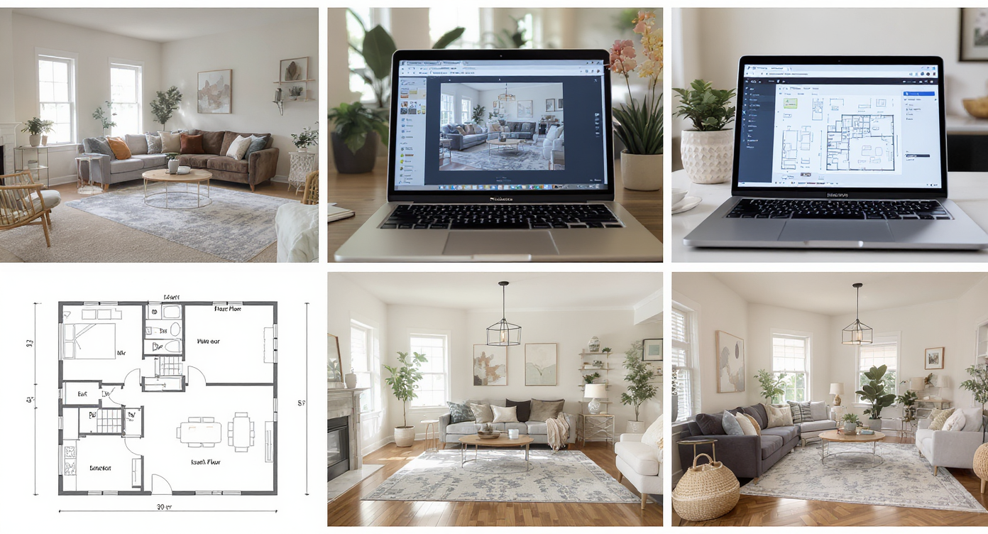Collage of before, planning and AI layout testing, and final redesigned double-height living room with improved scale and flow.