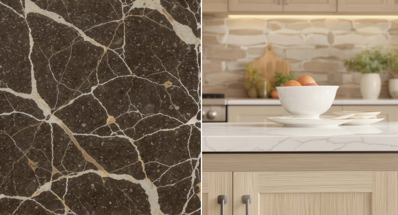 Close view of polished marble, textured soapstone, and rift-sawn white oak wood grains forming warm minimalist kitchen materials.