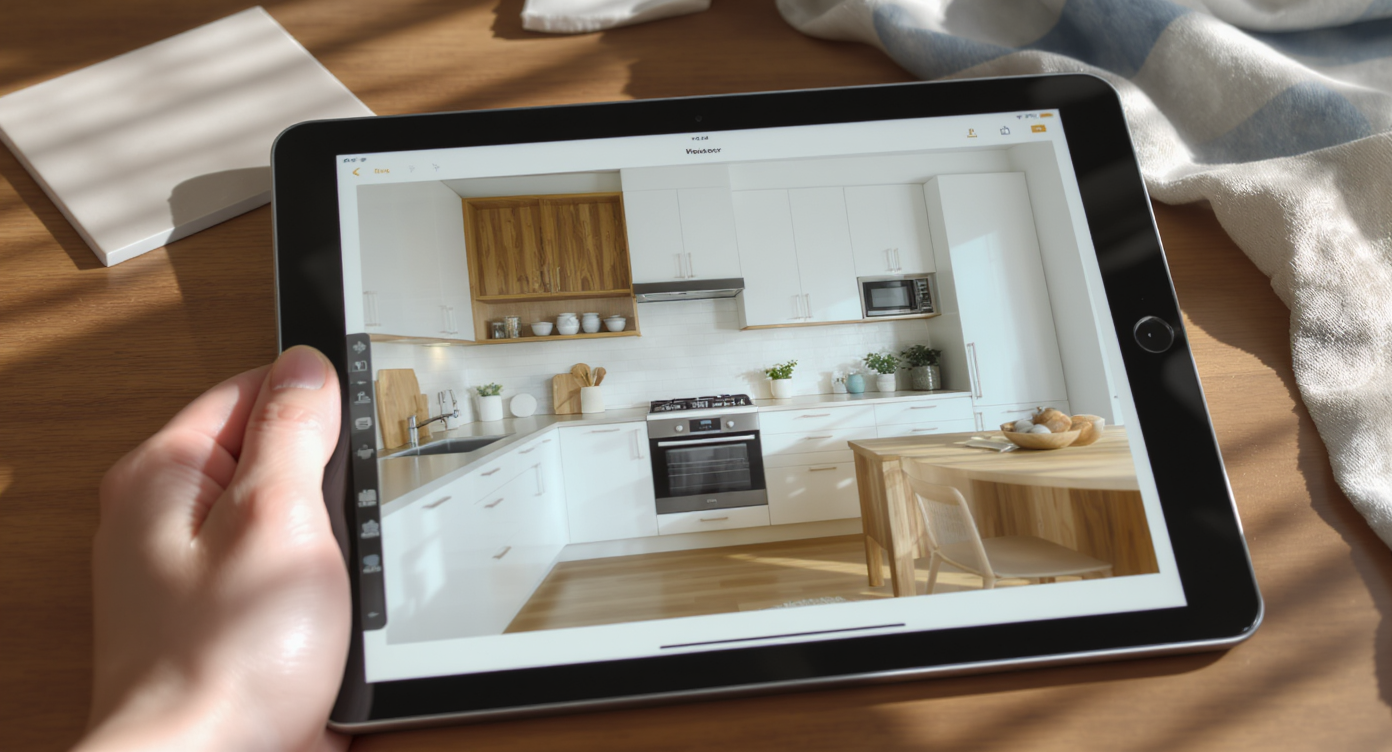 Tablet showing warm minimalist kitchen makeover from one photo next to tile and fabric samples on wooden table.