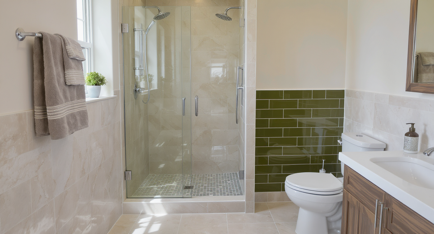 Open shower in a real bathroom with large floor tiles, green accent walls, half wall privacy, and frameless glass panel.