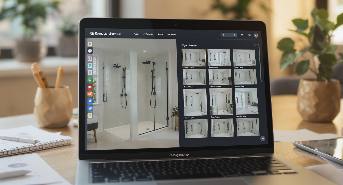 Laptop displaying AI tool generating open shower layout variations with design sketches on workspace table.