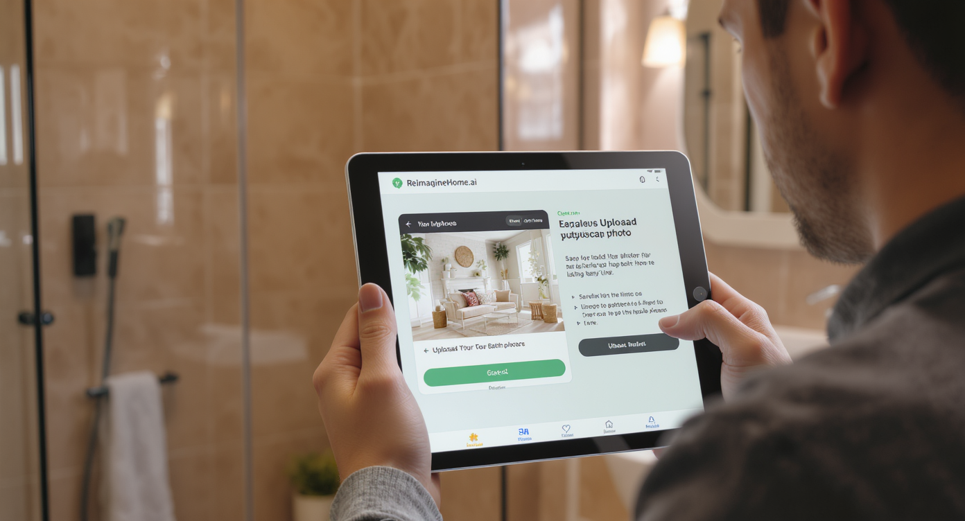 Homeowner holding tablet with ReimagineHome.ai photo upload instructions inside stylish warm-toned bathroom.