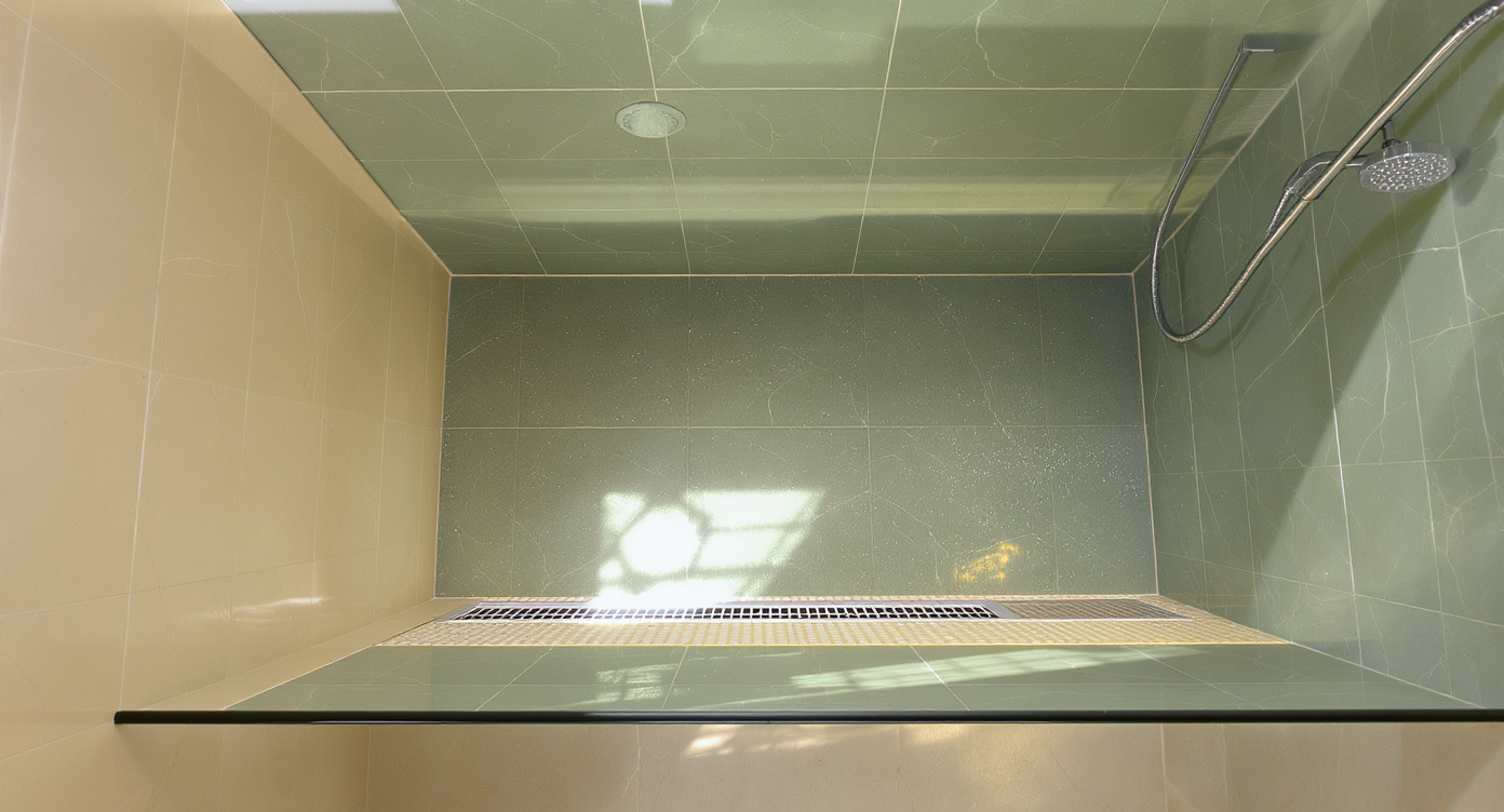 Open shower with half glass panel, sloped floor, and green and white tiles demonstrating warmth and splash control.