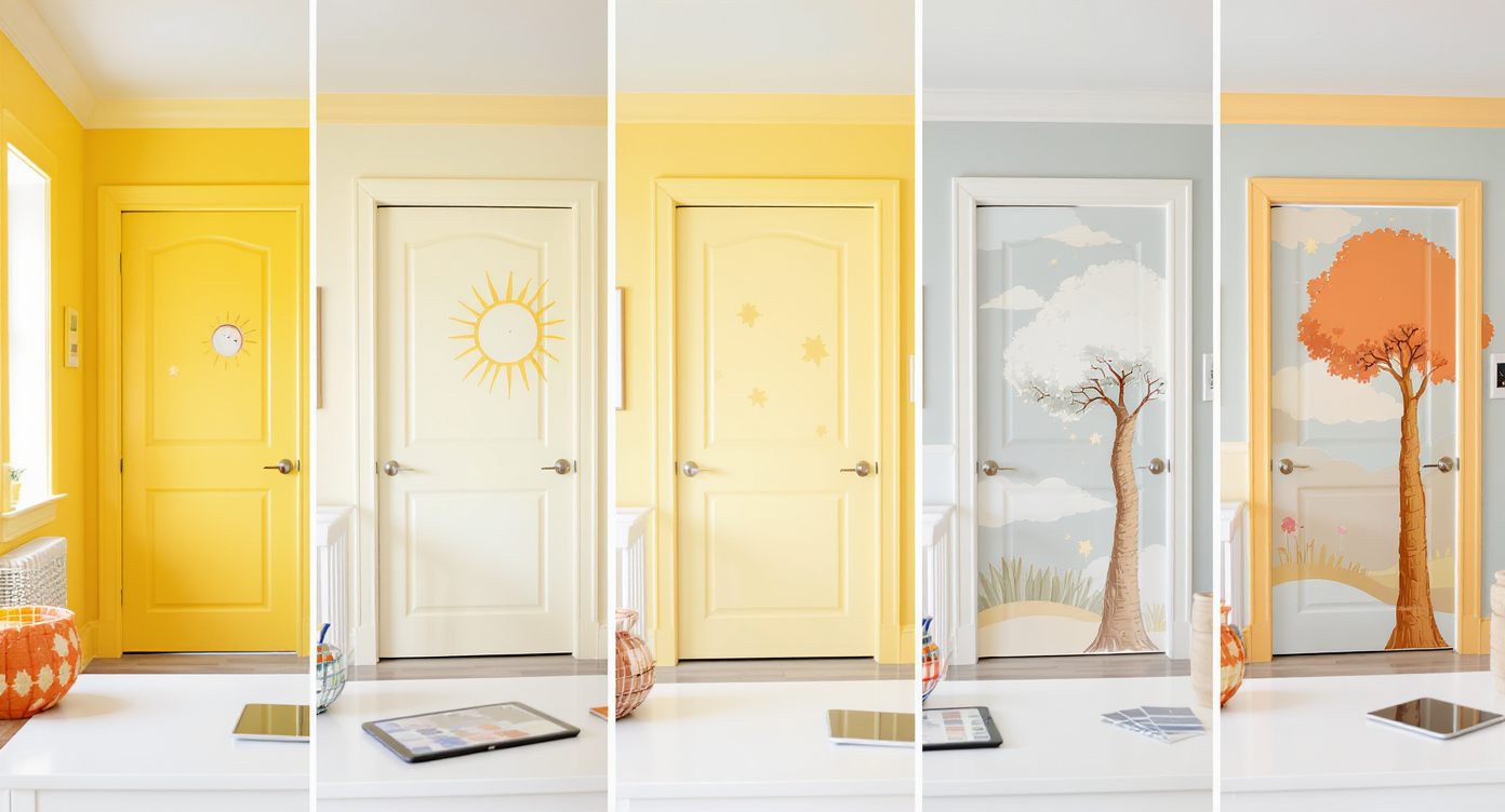 Five AI-generated nursery images show diverse Dr. Seuss trim color options from one photo, arranged neatly on a design desk.