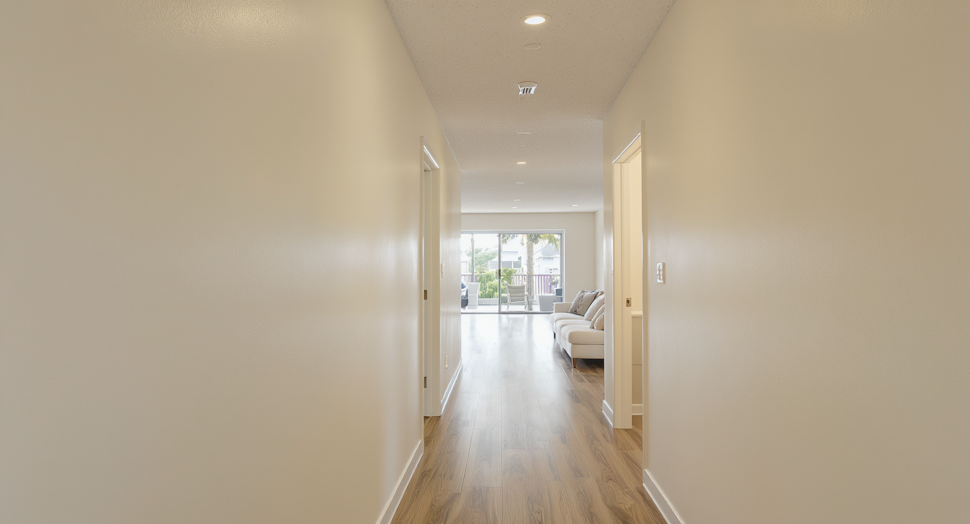 Bright hallway with smooth mineral painted walls, wood-tone vinyl plank floor, clean ceiling with recessed LED lights leading into a living space.