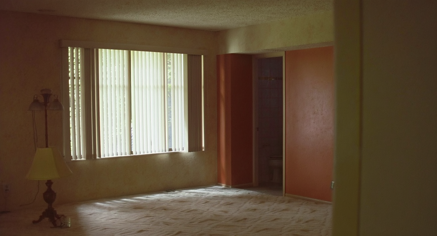 Late 1990s styled living room with popcorn ceiling, vertical blinds, beige sponge wall texture, and wall-to-wall carpet extending into bathroom.