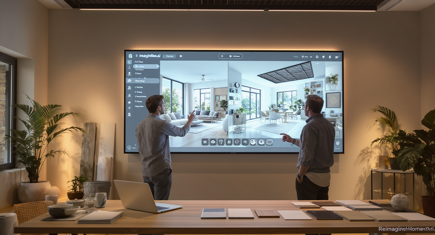 Designer using touchscreen display showing fast room layout variations in modern studio with wood samples and neutral decor.