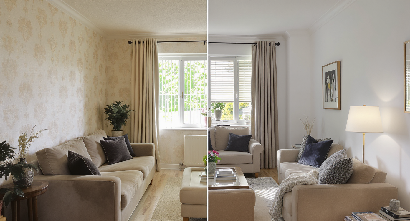 Living room with eight-foot ceilings, smooth mineral paint walls, ripple-fold drapery, luxury vinyl plank floor, showing transition from vertical blinds and wallpaper.