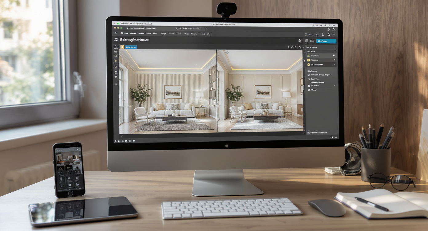 Workstation displaying AI-generated room style comparisons, surrounded by tablet, smartphone, sketches and eyeglasses in bright modern studio.