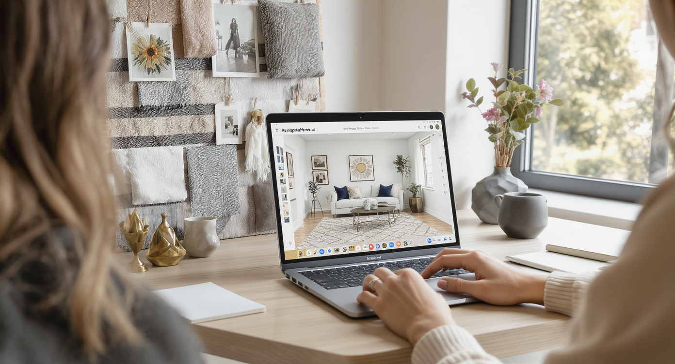 Designer at desk with laptop showing ReimagineHome.ai maximalist room preview, mood board, and natural light