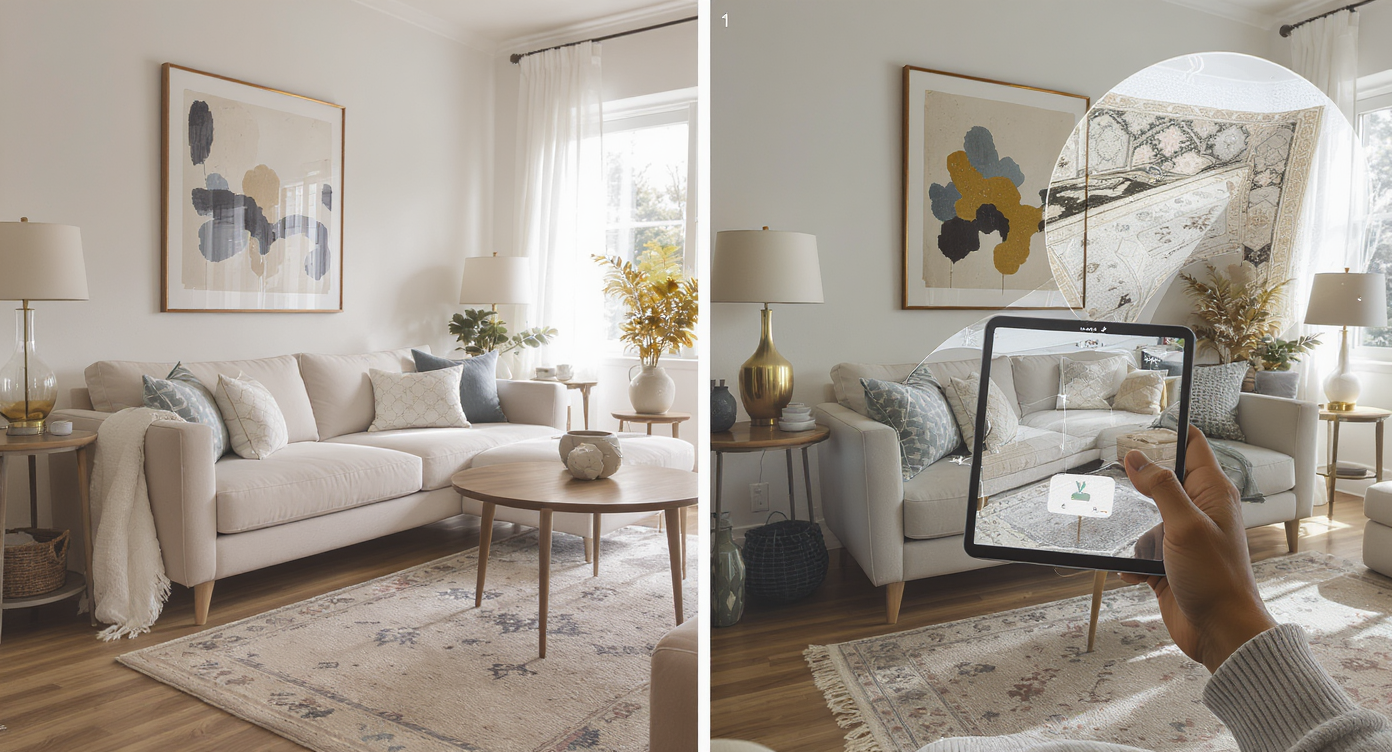 Homeowner uses tablet to digitally apply maximalist layers like rugs, cushions, and art to a beige living room