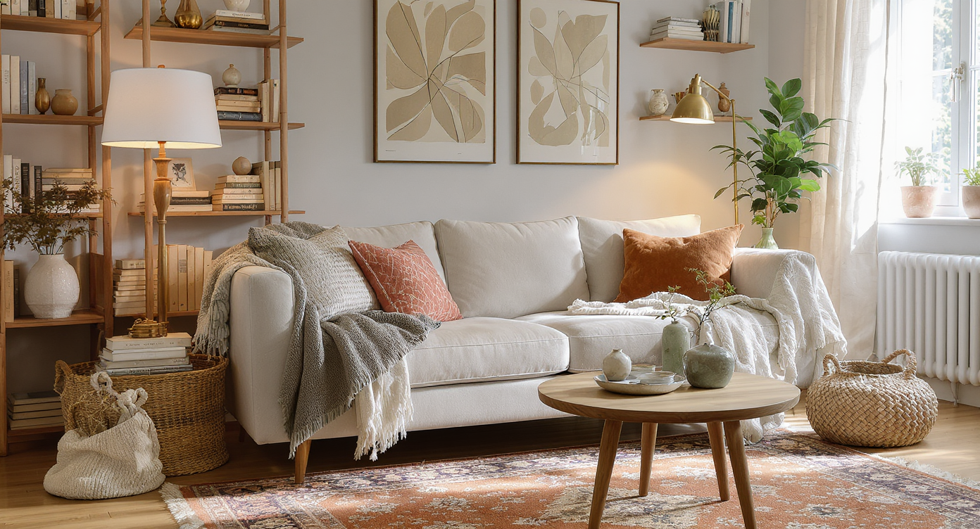 Cozy home corner with neutral linen sofa, Persian rug, layered books, brass lamp, and vintage collectibles in soft daylight