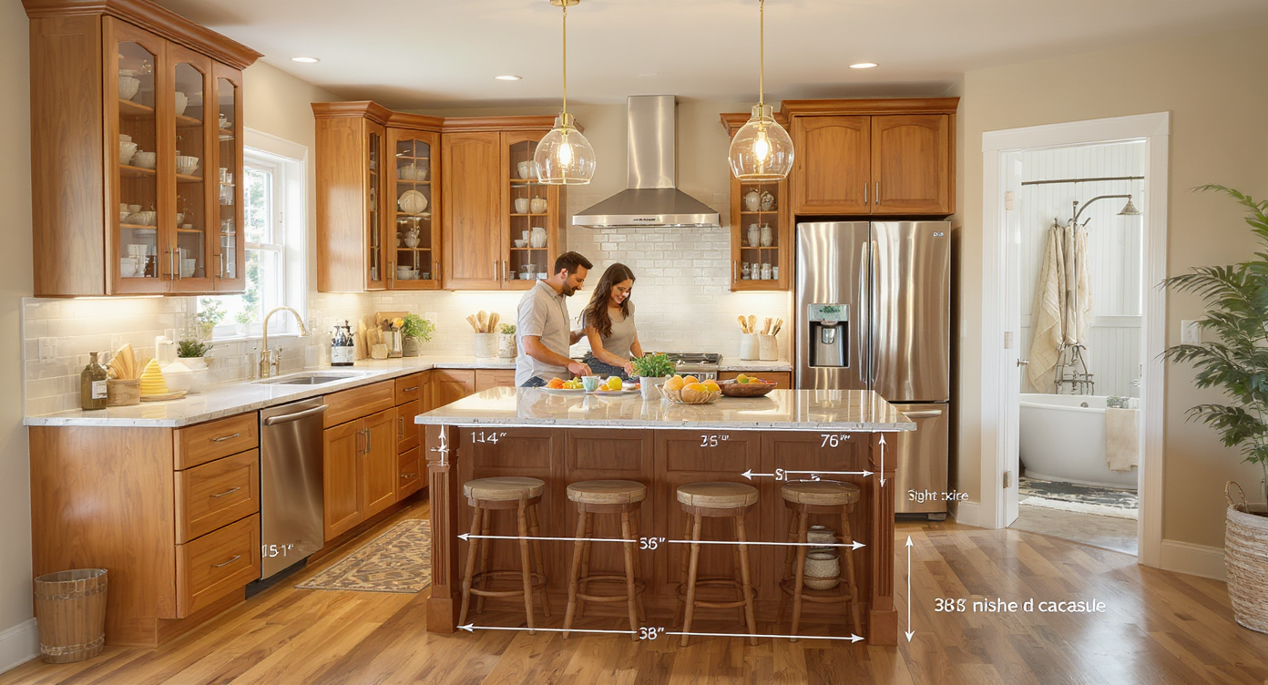 Couple using kitchen with 38-inch clearance around island, warm wood cabinetry, glass storage, and visible classic beadboard bath offering comfortable daily flow.