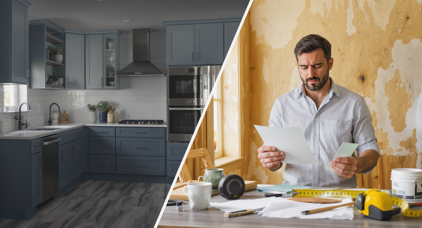 Split view of trendy cold kitchen with gray flooring and vessel sink contrasted by homeowner frustrated with renovation tools amid warm wood and plaster alternatives.