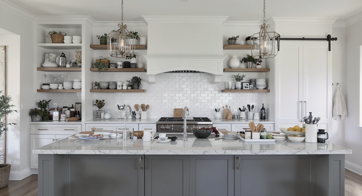 Kitchen with open shelving, barn door in background, and cluttered oversized double island showing impractical design trends in muted gray tones.