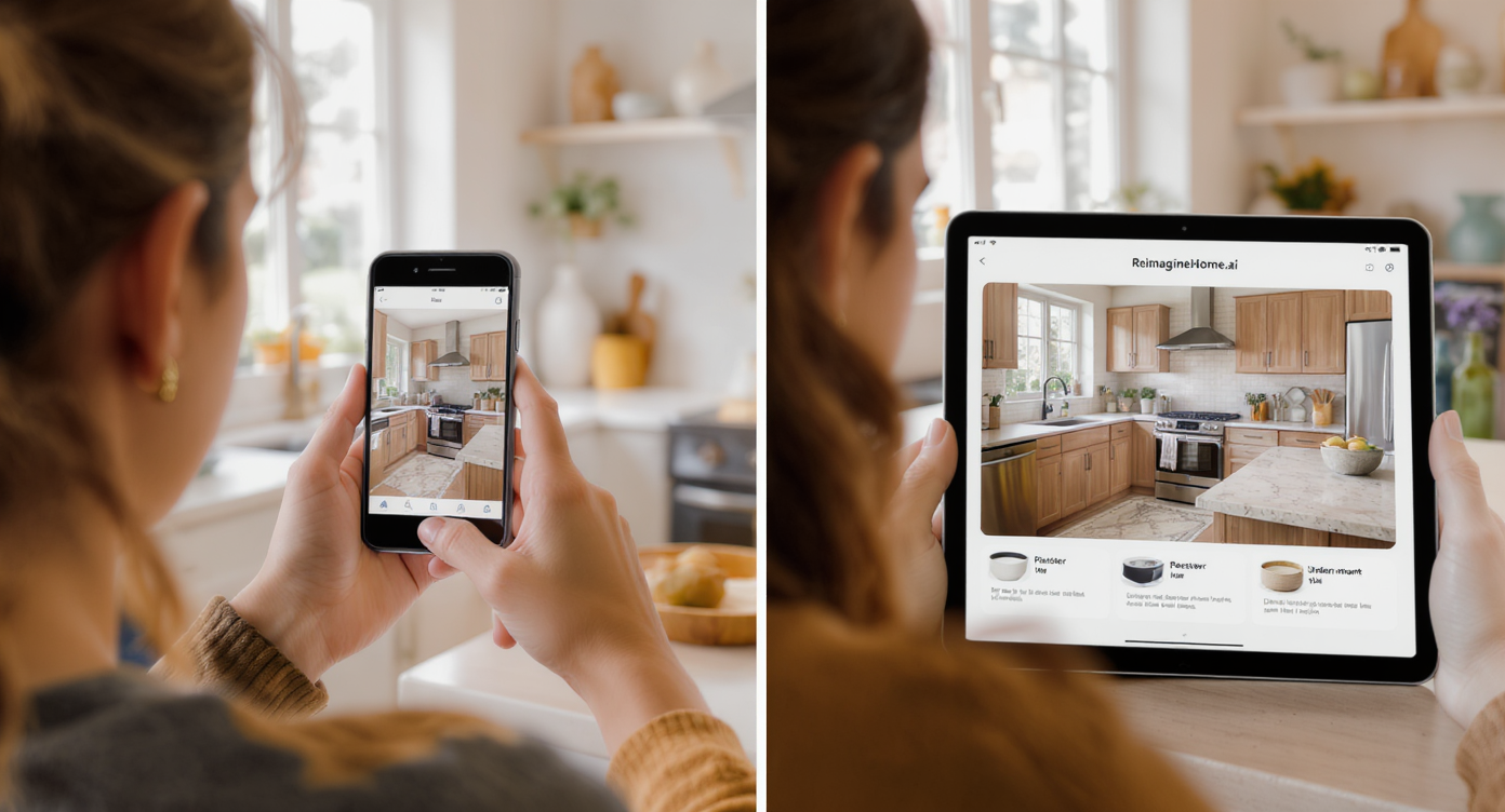 Homeowner photographing kitchen and viewing instant style alternatives on tablet with improved warm wood and plaster designs using ReimagineHome.ai.