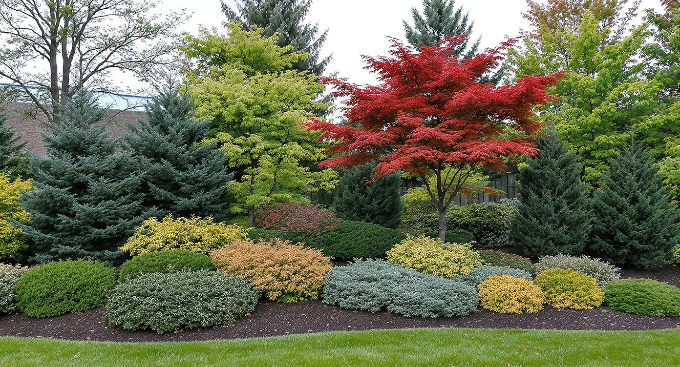 Mixed evergreen conifers and hollies densely planted in a garden bed representing winter privacy landscaping.