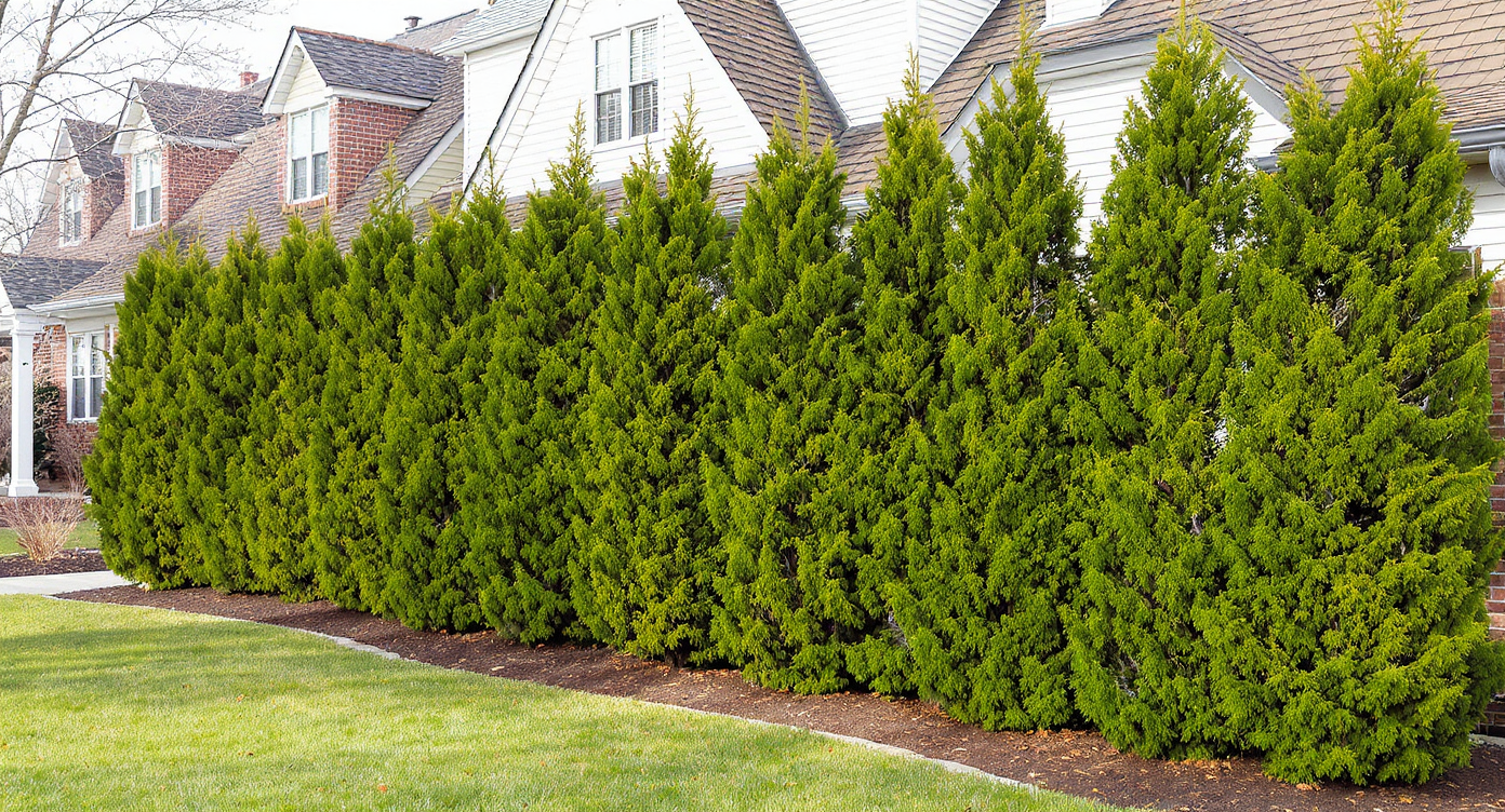 Dense, 6–8 ft tall evergreen privacy screen blocking a long winter viewline after several growing seasons.
