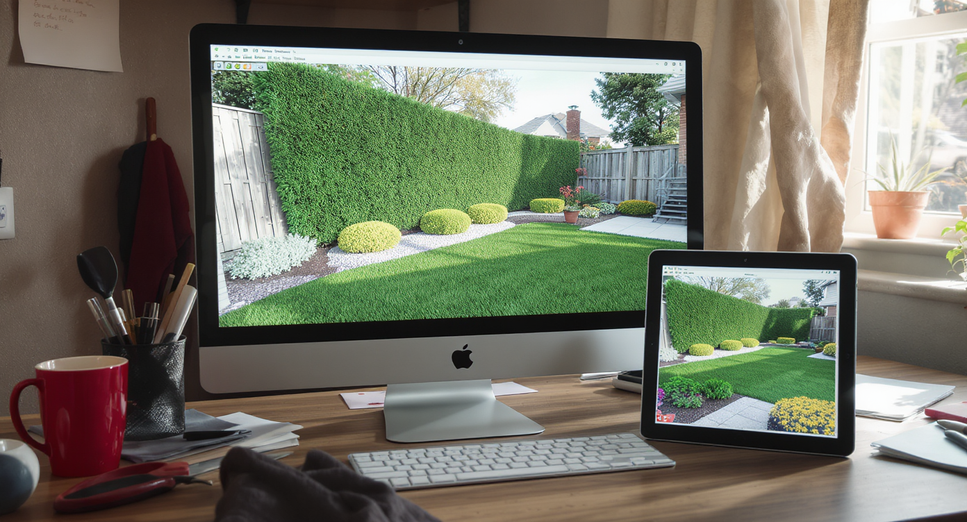Homeowner viewing detailed AI mockup of fence and hedge spacing for privacy landscaping on computer and tablet.
