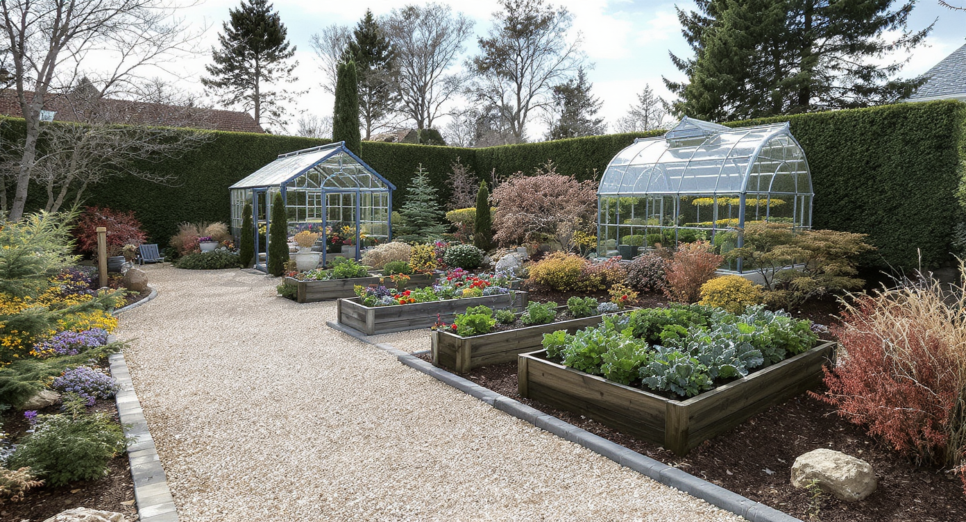 Cold garden with wide gravel paths, raised beds, metal greenhouse, drip irrigation, hedges, and polytunnel in natural light.