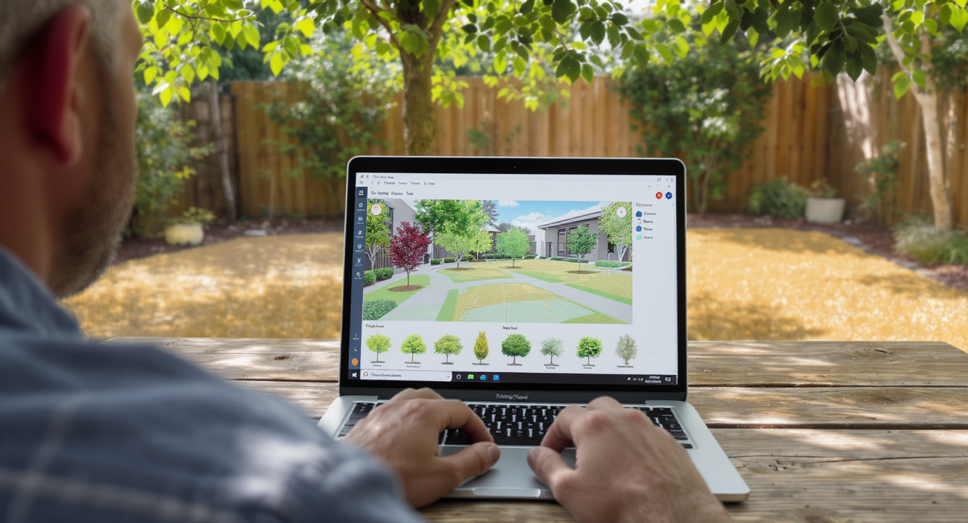 Homeowner outdoors at rustic table using laptop with ReimagineHome.ai, planning tree placement in a partially landscaped yard under daylight.